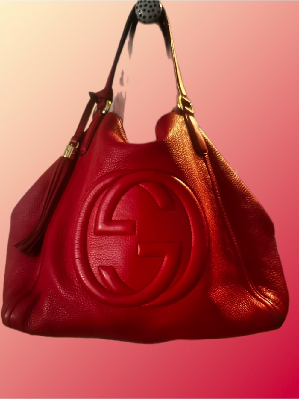 Gucci Red Pebbled Leather Shoulder Hobo with Tassel